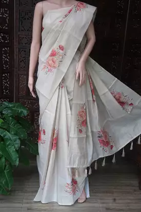 Amara , Off White  Tissue Blended Semi Tusser Finish Saree with  Full Body Multi Color Floral Design (Without Blouse)-KIA001TSA