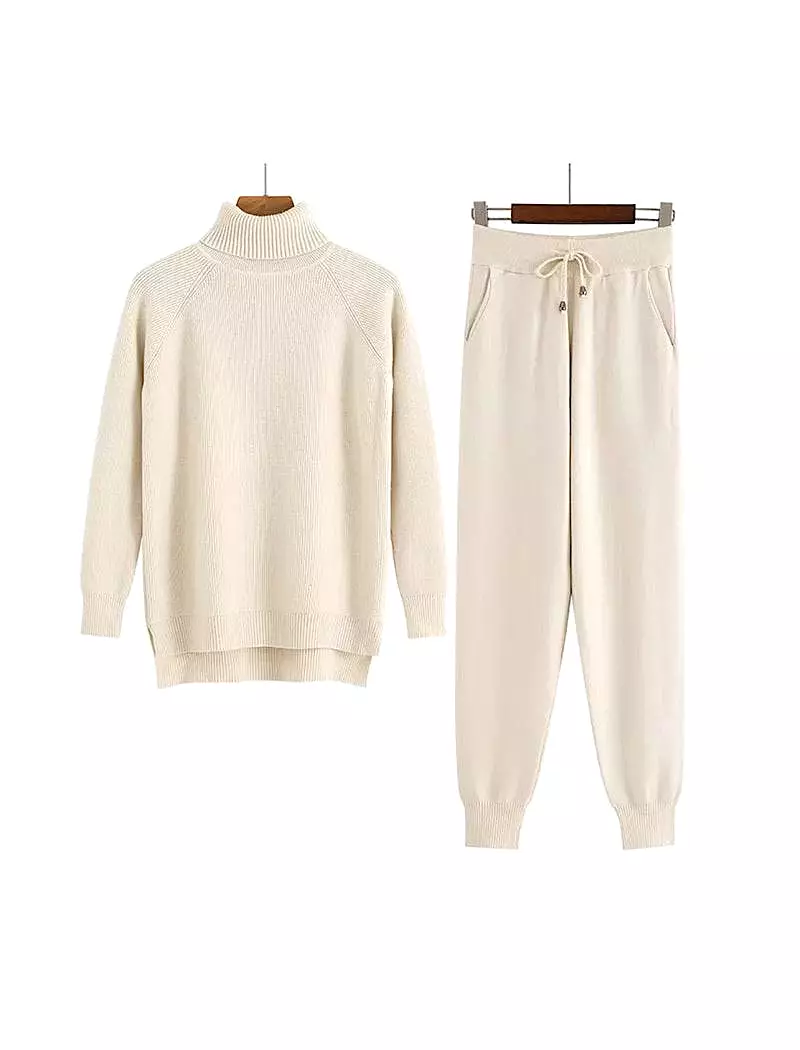 Beige Turtleneck Ribbed Long Sleeve Top and Jogging Pant Coord Set