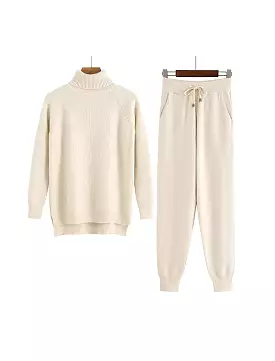 Beige Turtleneck Ribbed Long Sleeve Top and Jogging Pant Coord Set