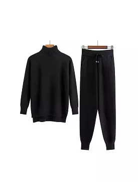 Black Turtleneck Ribbed Long Sleeve Top and Jogging Pant Coord Set