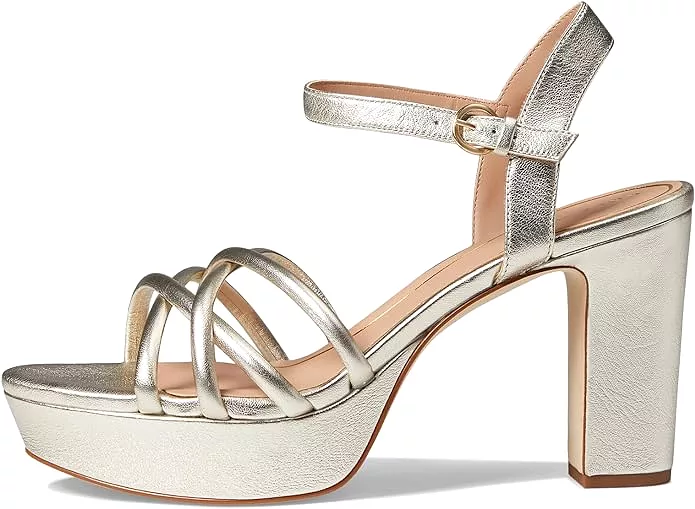 Cole Haan Grove Gold Leather Ankle Strap Strappy Open Toe Block Heeled Sandals