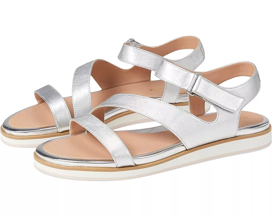 Cole Haan Mirabelle Silver Leather Strappy Open Toe Ankle Strap Flats Sandals