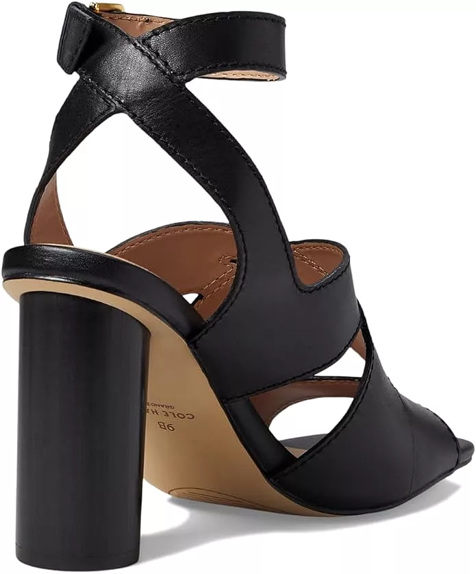 Cole Haan Reina City Black Leather Ankle Strap Open Toe Block Heeled Sandals