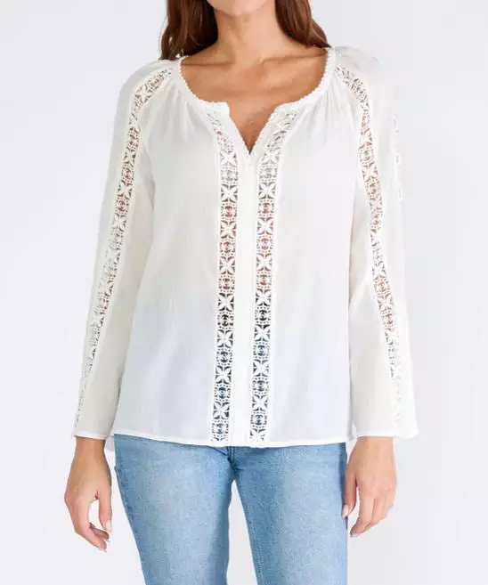 Crochet Floral V-Neck Blouse - White