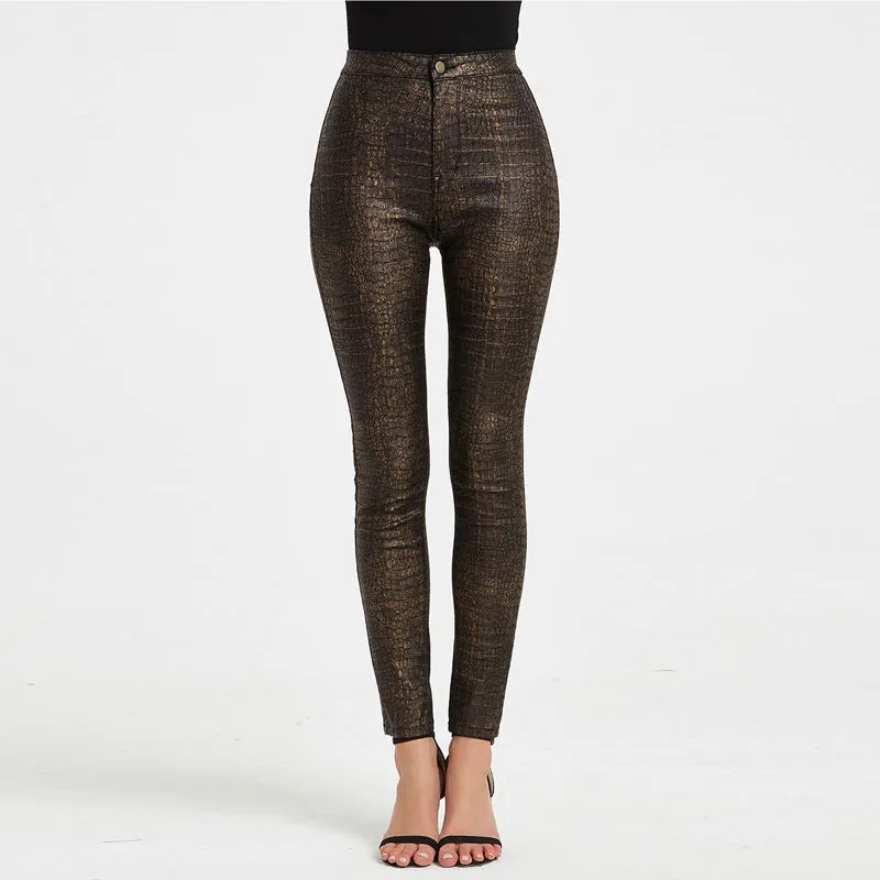 Crocodile Skin Print High Waist Skinny PU Faux Leather Pants Streetwear Women Vintage Slim Fit Pencil Pants