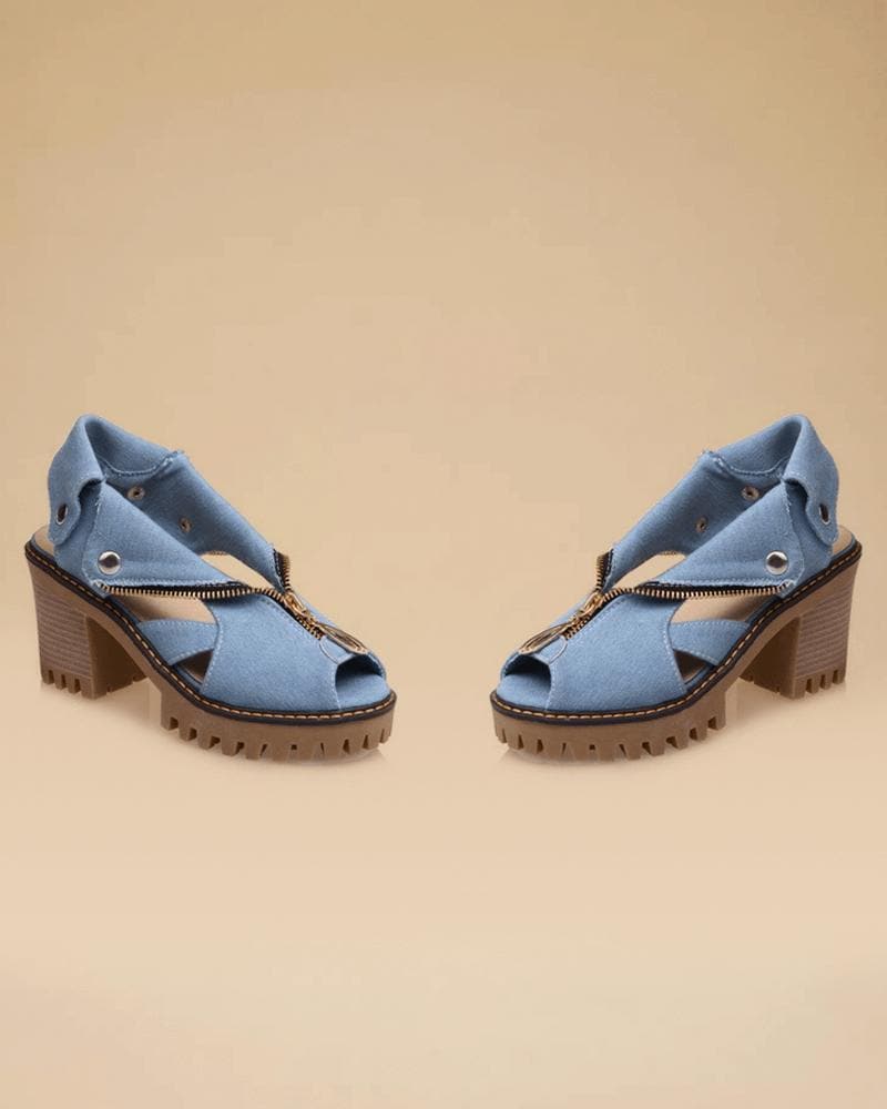 Denim Zipper Block Heel Sandals(Large size)