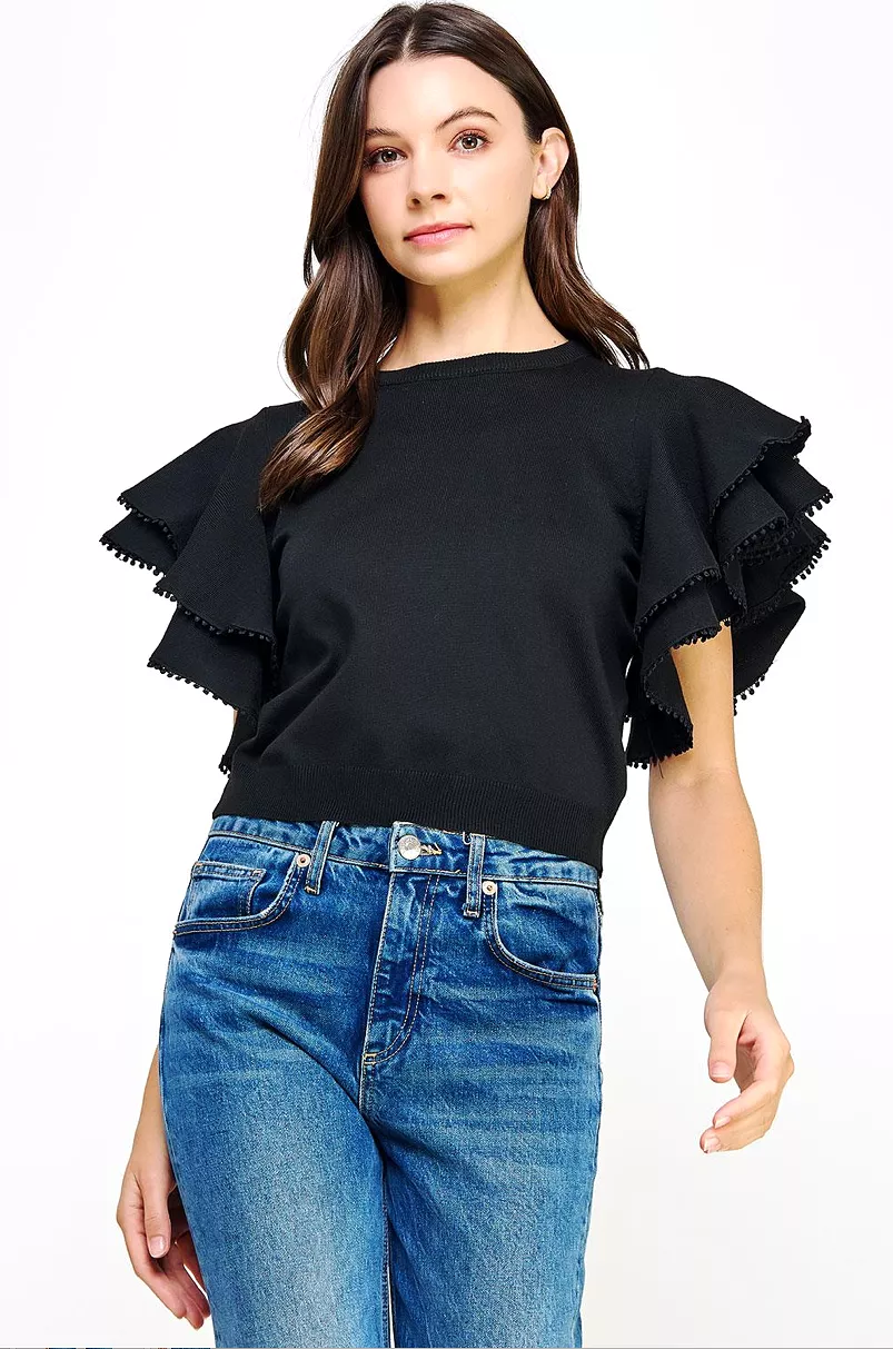 Double Layer PomPom Short Sleeve Knit Top