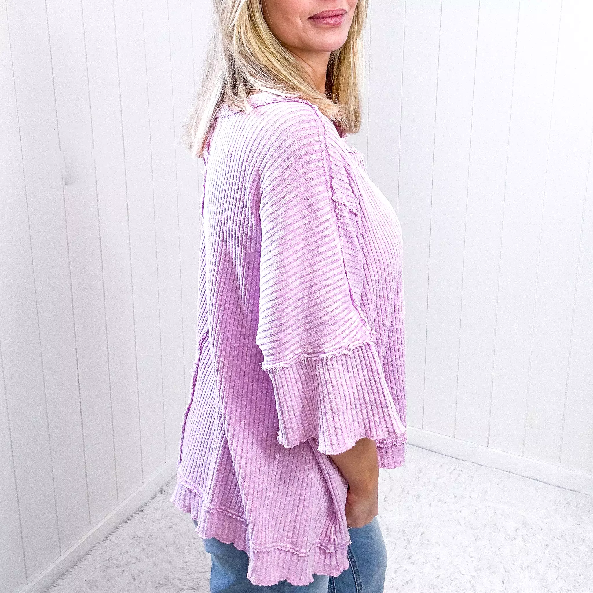 Easel Lilac Pink Oversized Boxy Wide Ribbed Short Sleeve Top