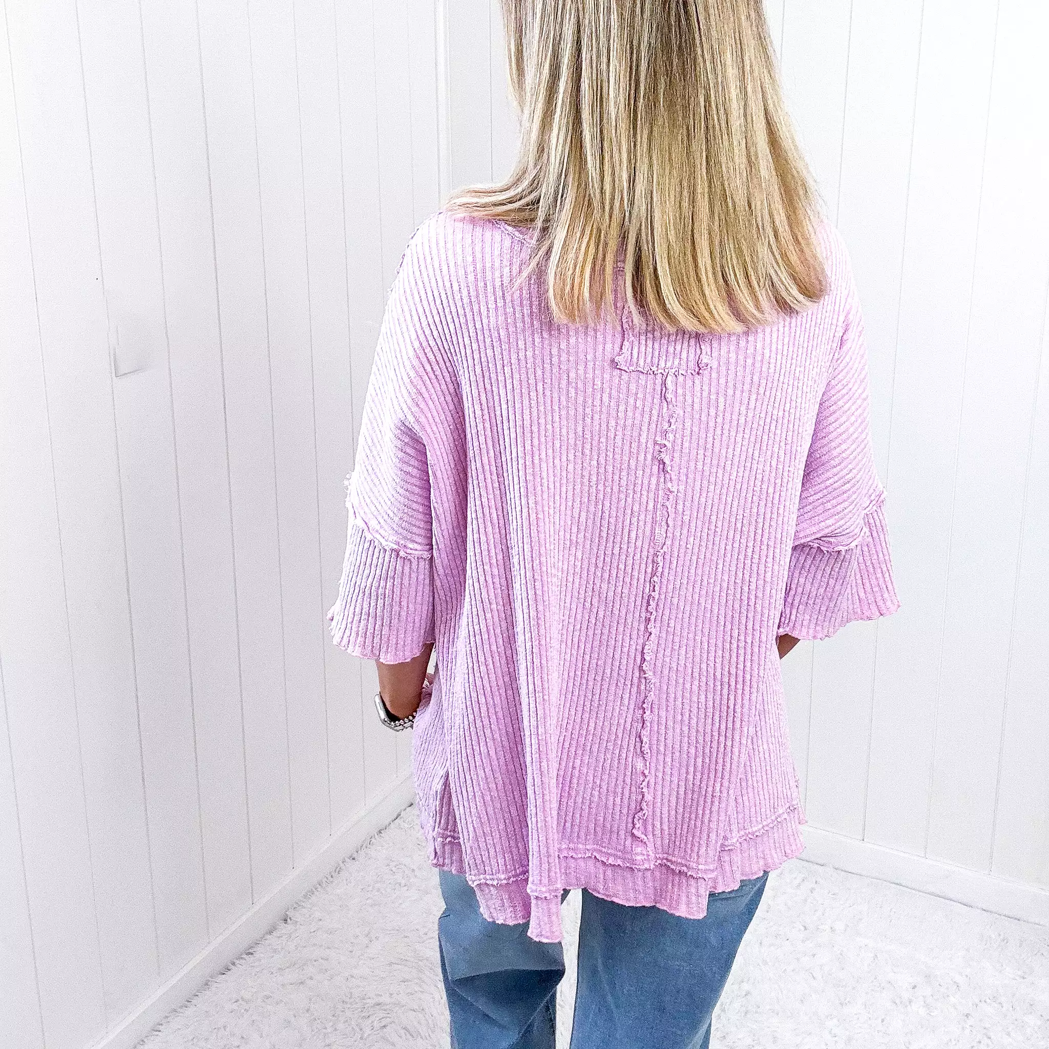 Easel Lilac Pink Oversized Boxy Wide Ribbed Short Sleeve Top