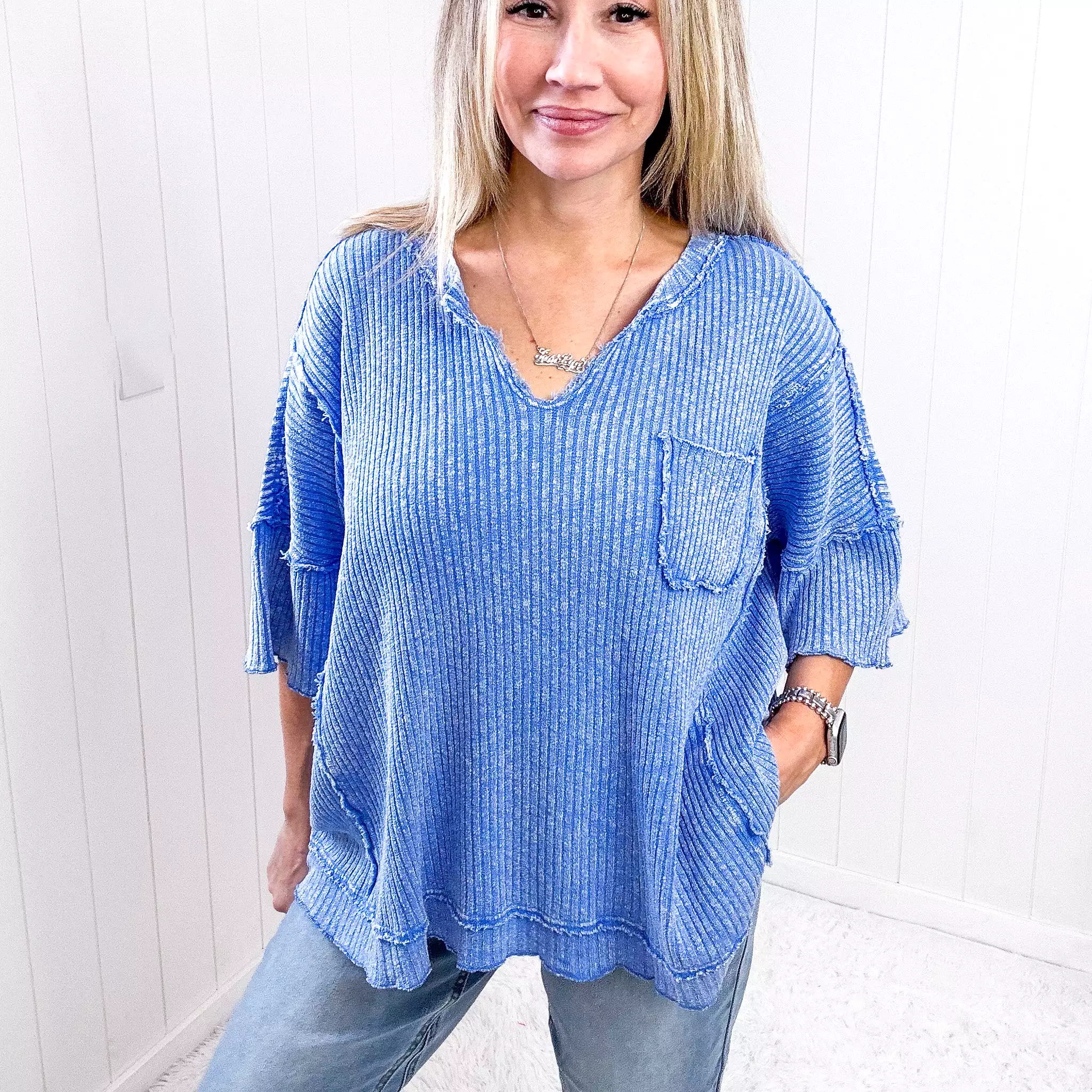 Easel Peri Blue Oversized Boxy Wide Ribbed Short Sleeve Top