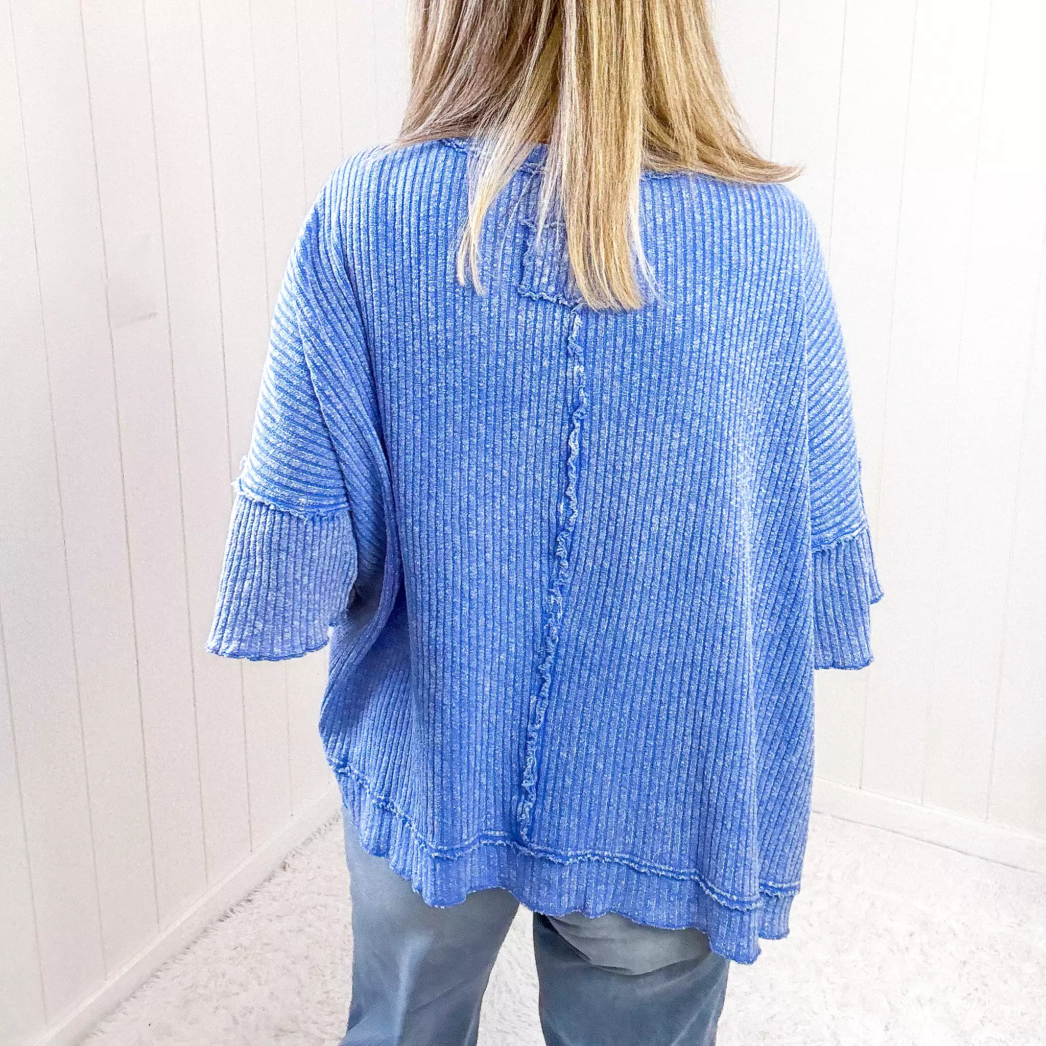 Easel Peri Blue Oversized Boxy Wide Ribbed Short Sleeve Top