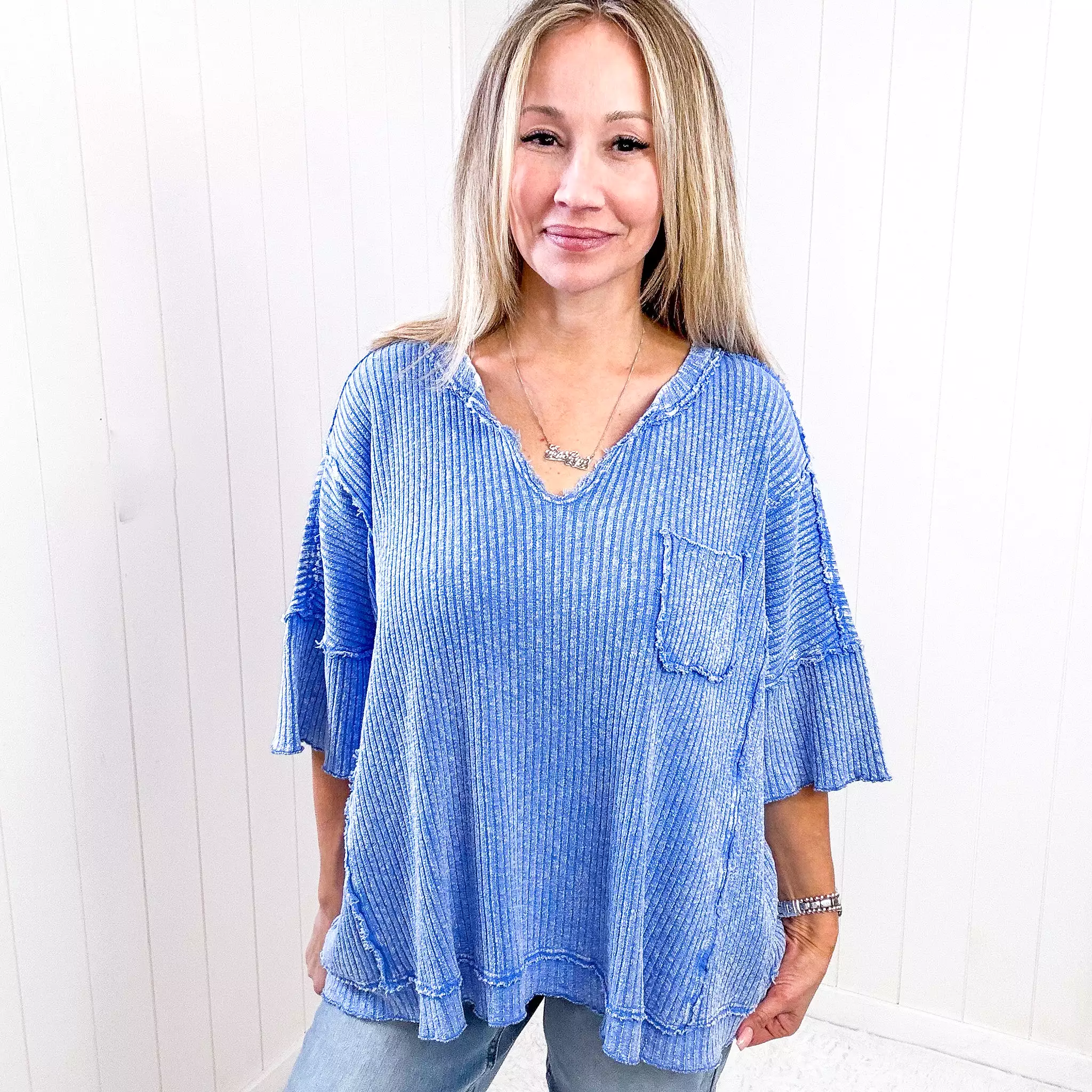 Easel Peri Blue Oversized Boxy Wide Ribbed Short Sleeve Top