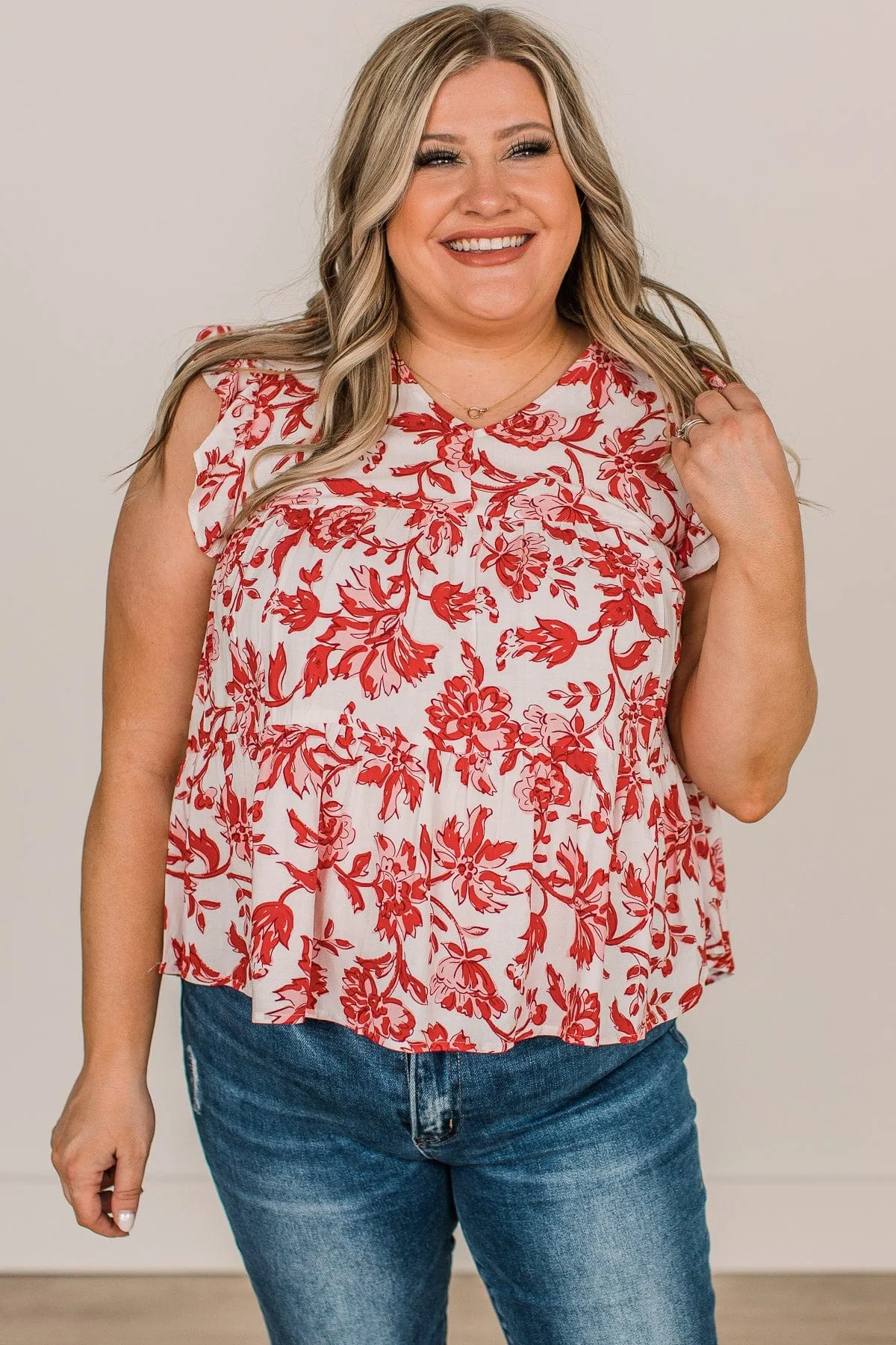 Feeling Cheerful Floral Blouse- Ivory & Red