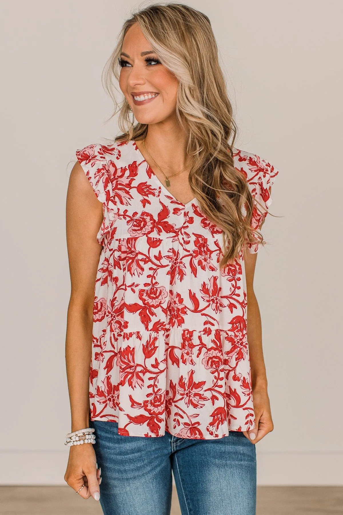 Feeling Cheerful Floral Blouse- Ivory & Red