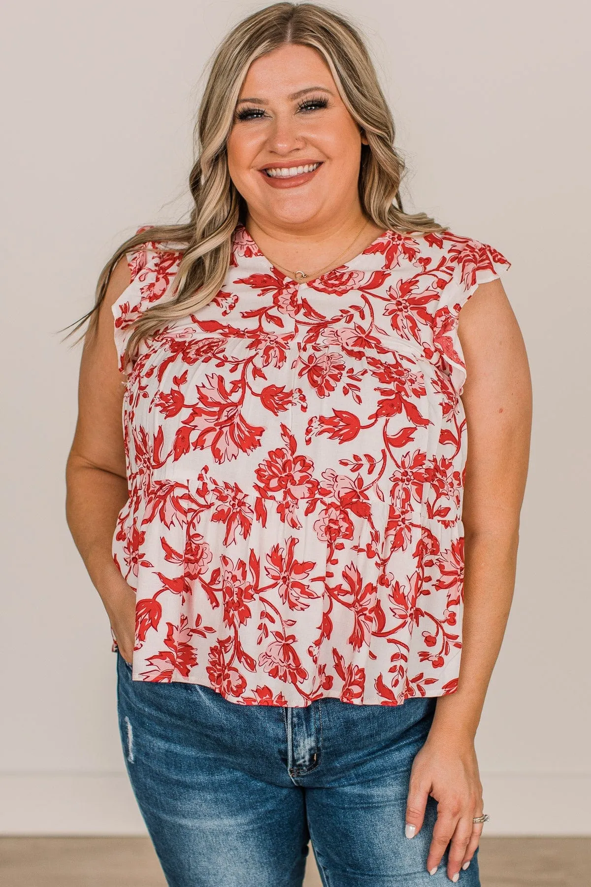 Feeling Cheerful Floral Blouse- Ivory & Red