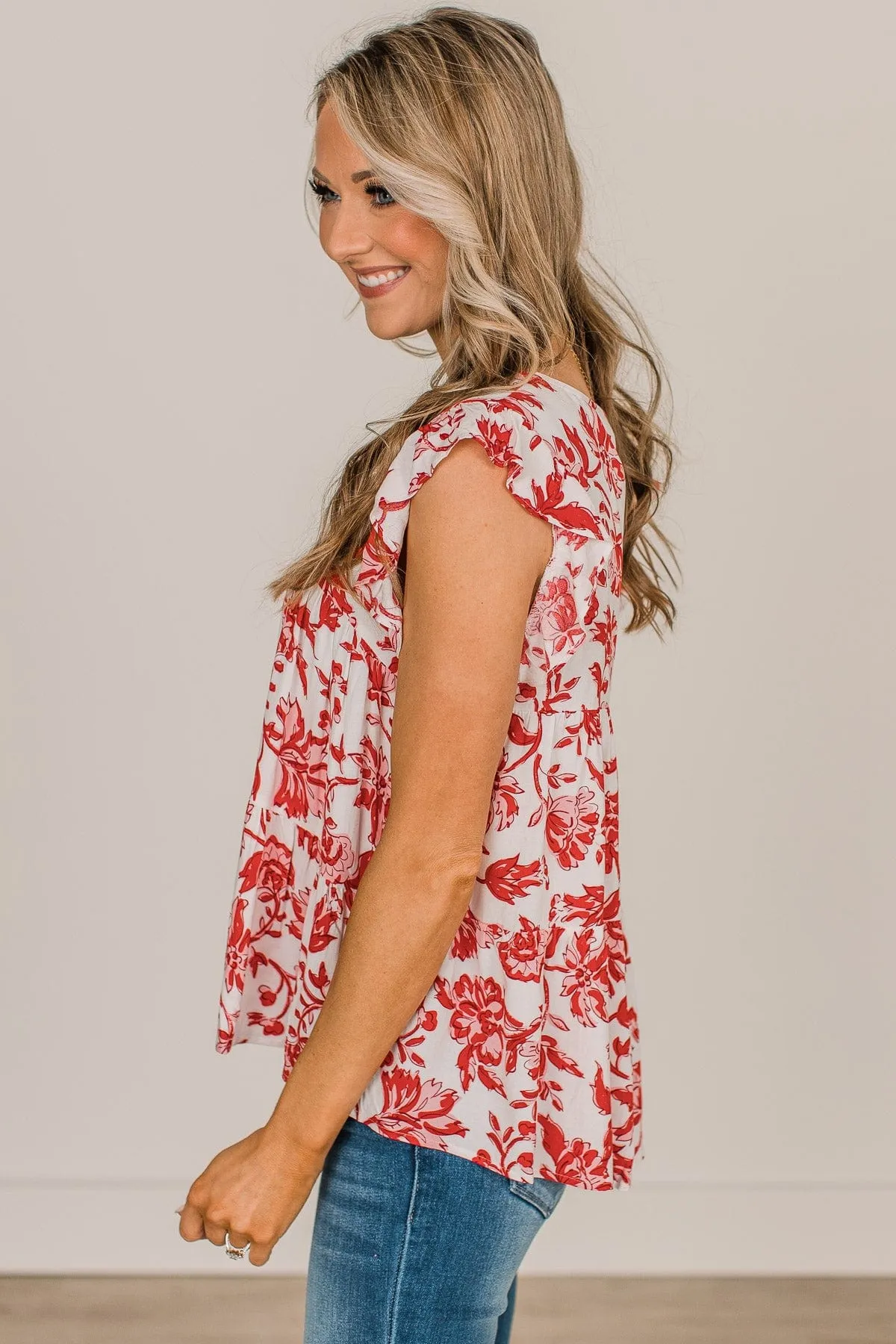 Feeling Cheerful Floral Blouse- Ivory & Red