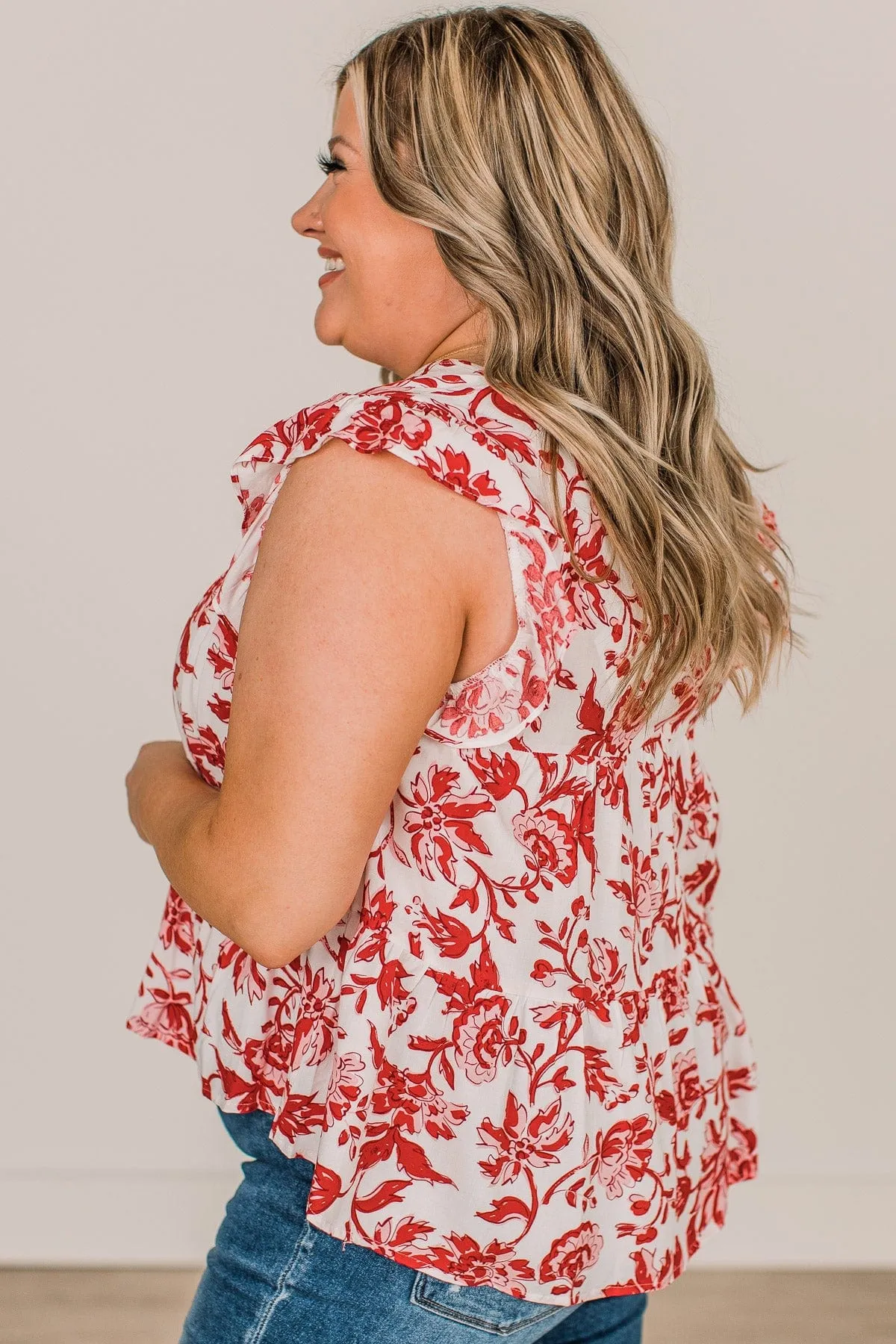 Feeling Cheerful Floral Blouse- Ivory & Red