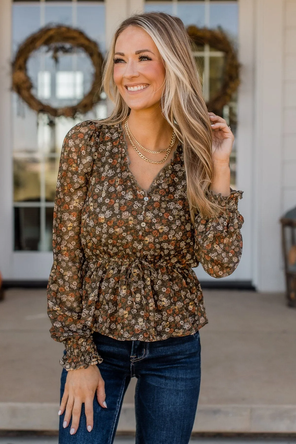 Flirting With Floral Babydoll Blouse- Brown