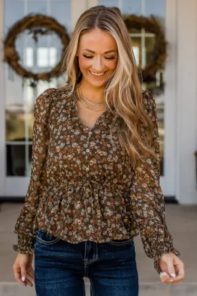 Flirting With Floral Babydoll Blouse- Brown