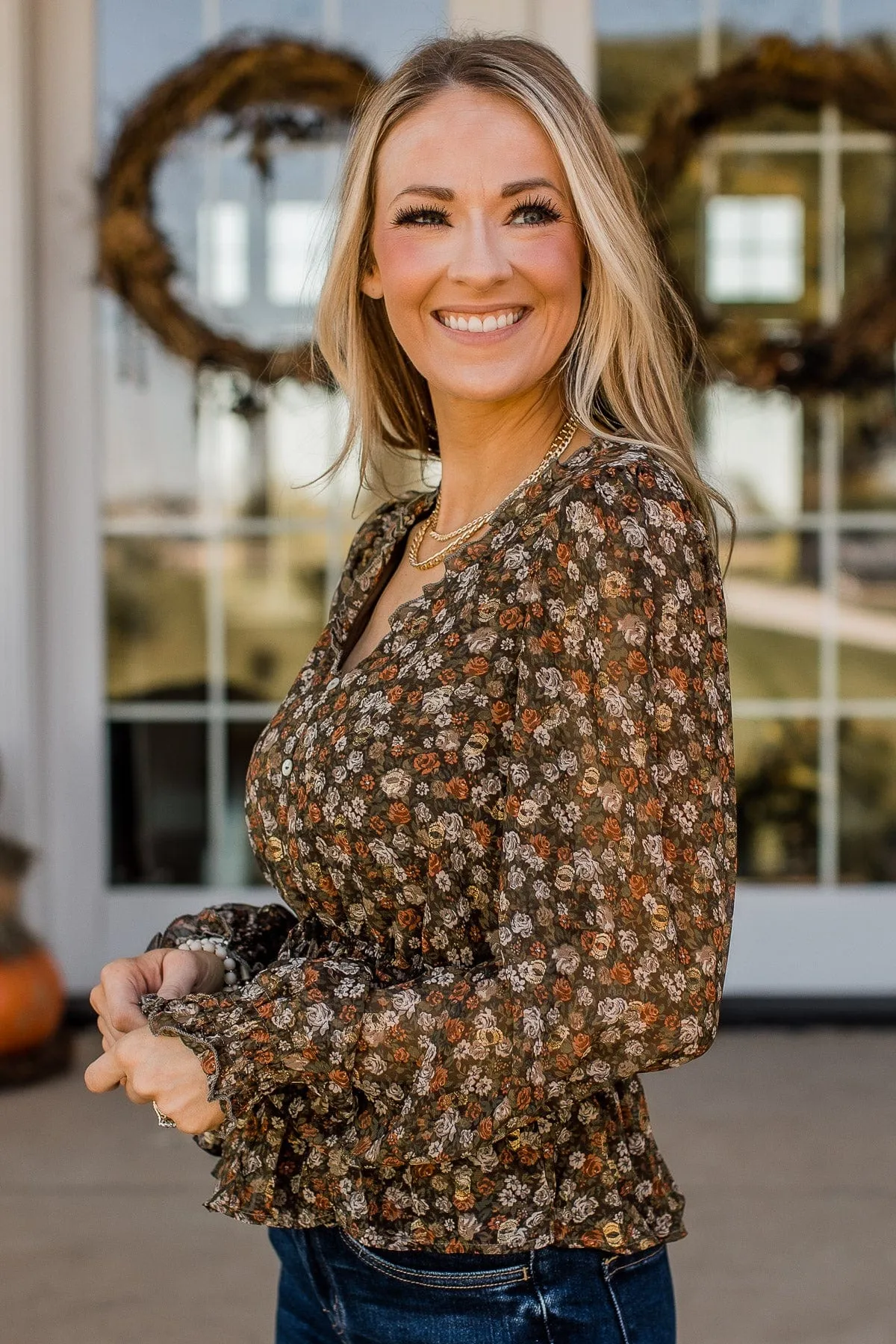 Flirting With Floral Babydoll Blouse- Brown