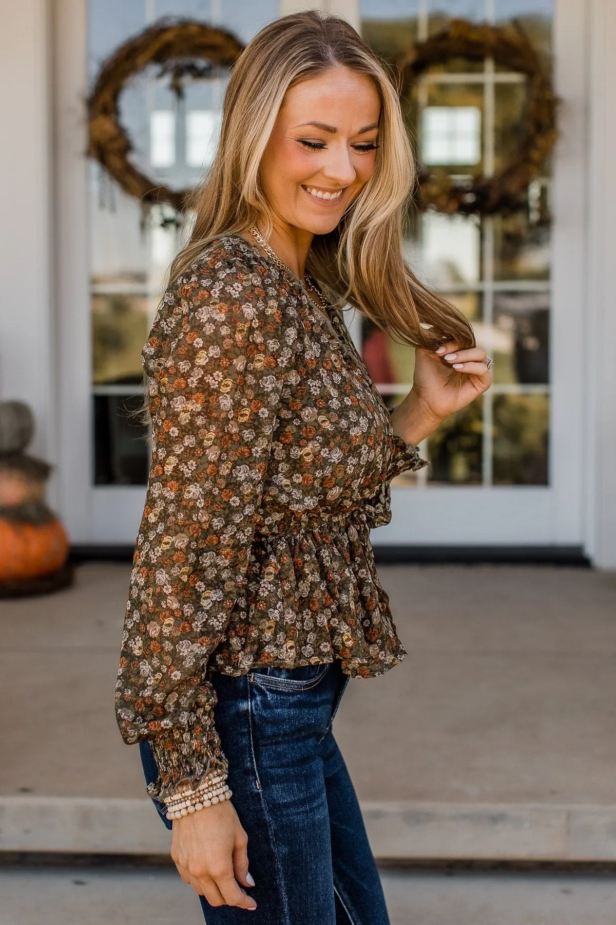 Flirting With Floral Babydoll Blouse- Brown