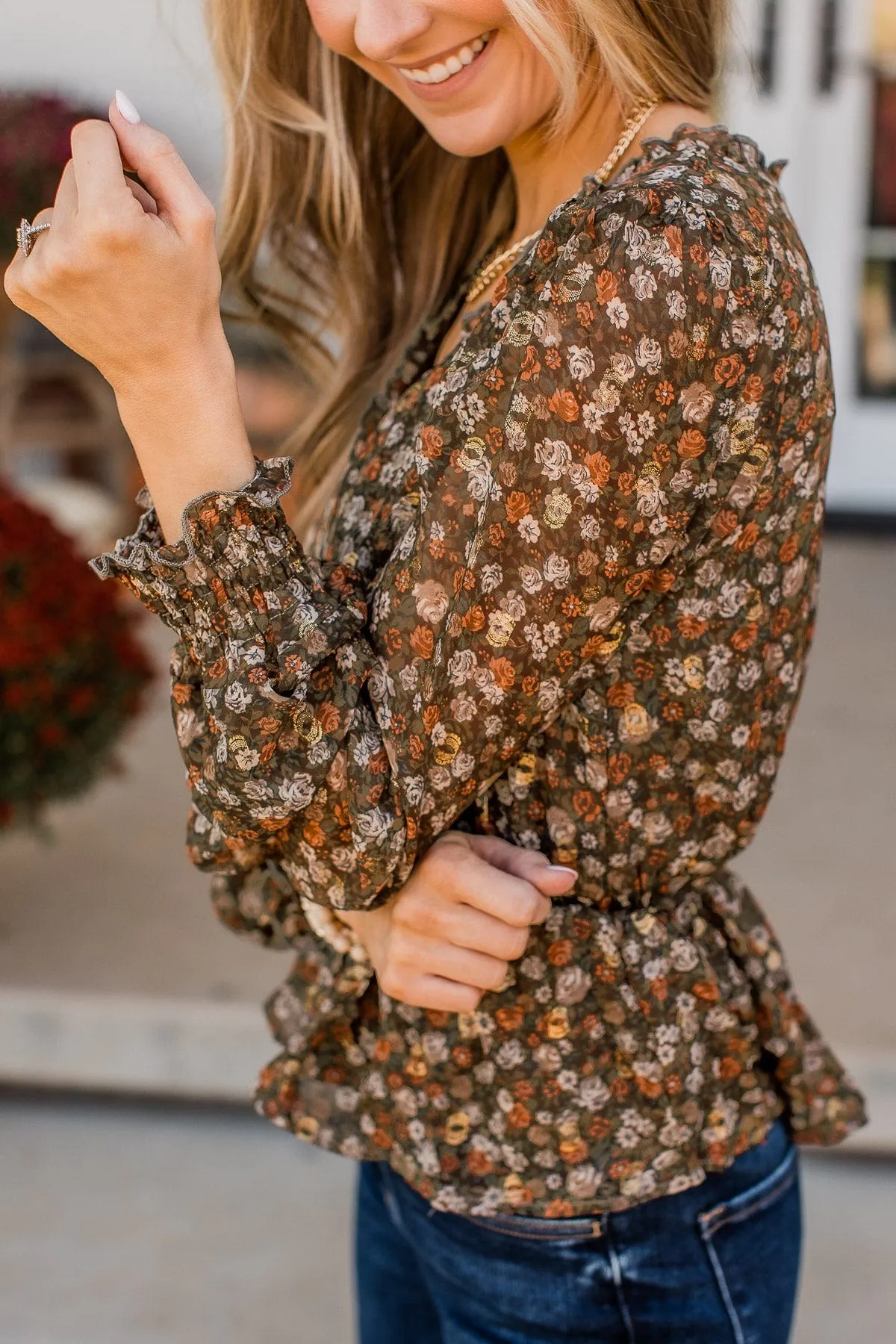 Flirting With Floral Babydoll Blouse- Brown