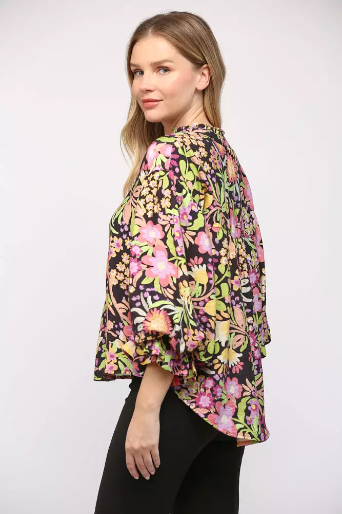 Floral Print Bubble Sleeve Blouse