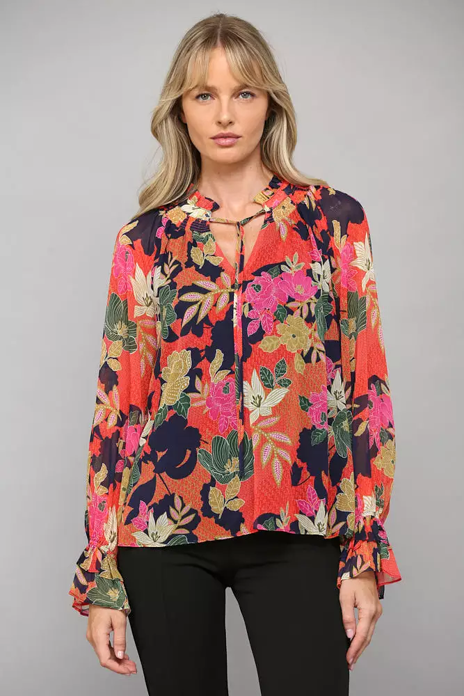 Floral Print Ruffle Neck Blouse