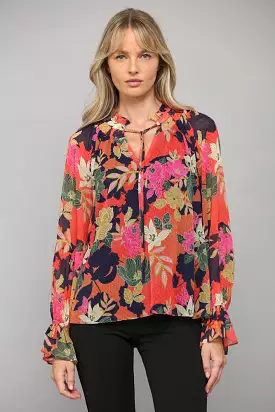 Floral Print Ruffle Neck Blouse