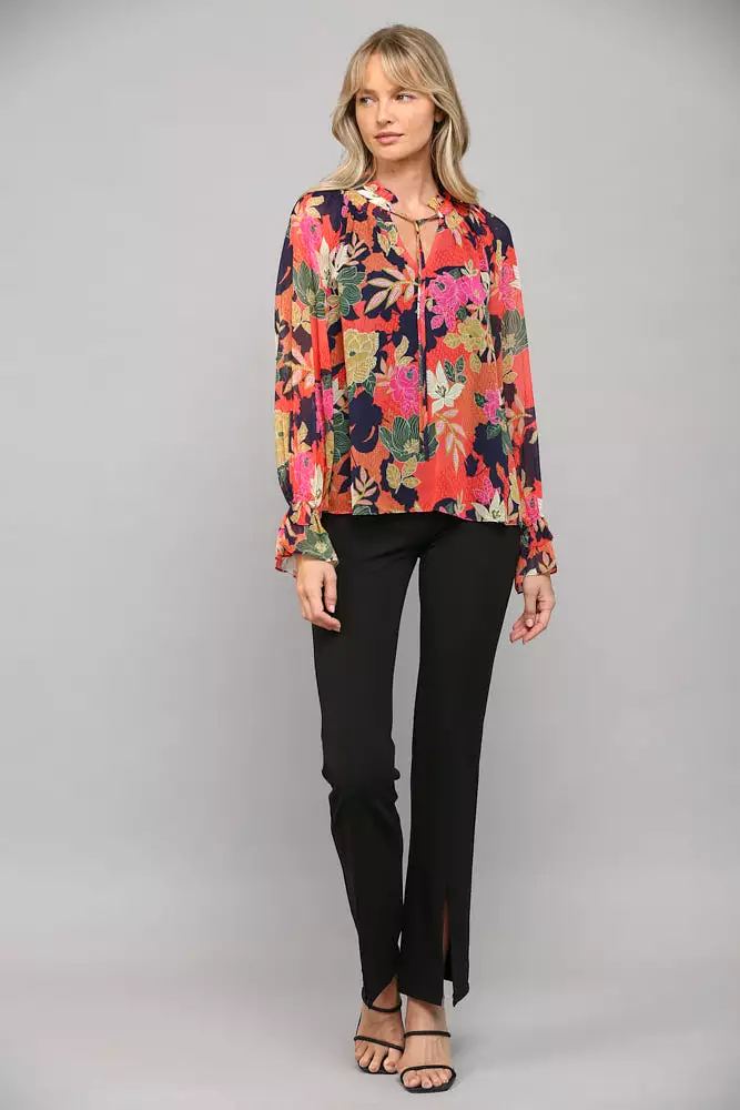 Floral Print Ruffle Neck Blouse