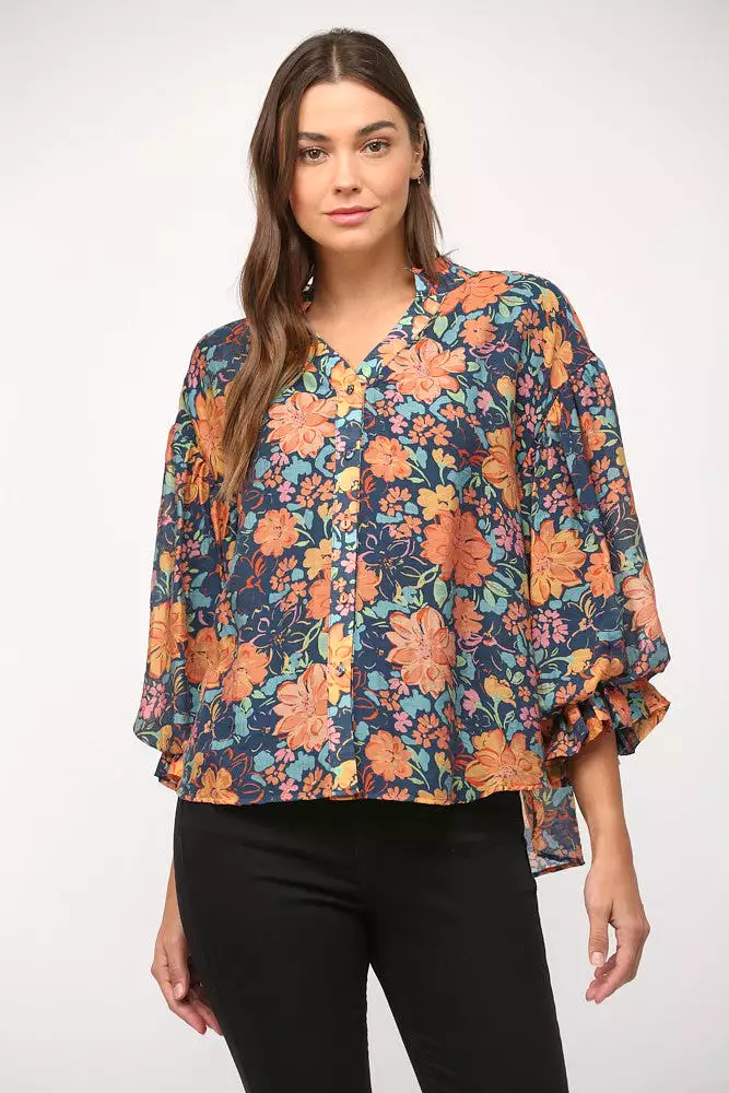 Floral Print Split Neck Bubble Sleeve Blouse