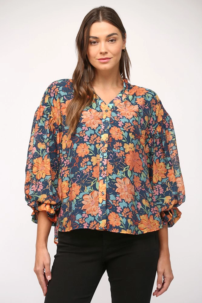 Floral Print Split Neck Bubble Sleeve Blouse