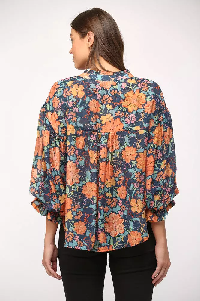 Floral Print Split Neck Bubble Sleeve Blouse