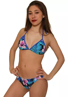 Floral Print Wet Look Cheeky Scrunch Bottom Bikini Set