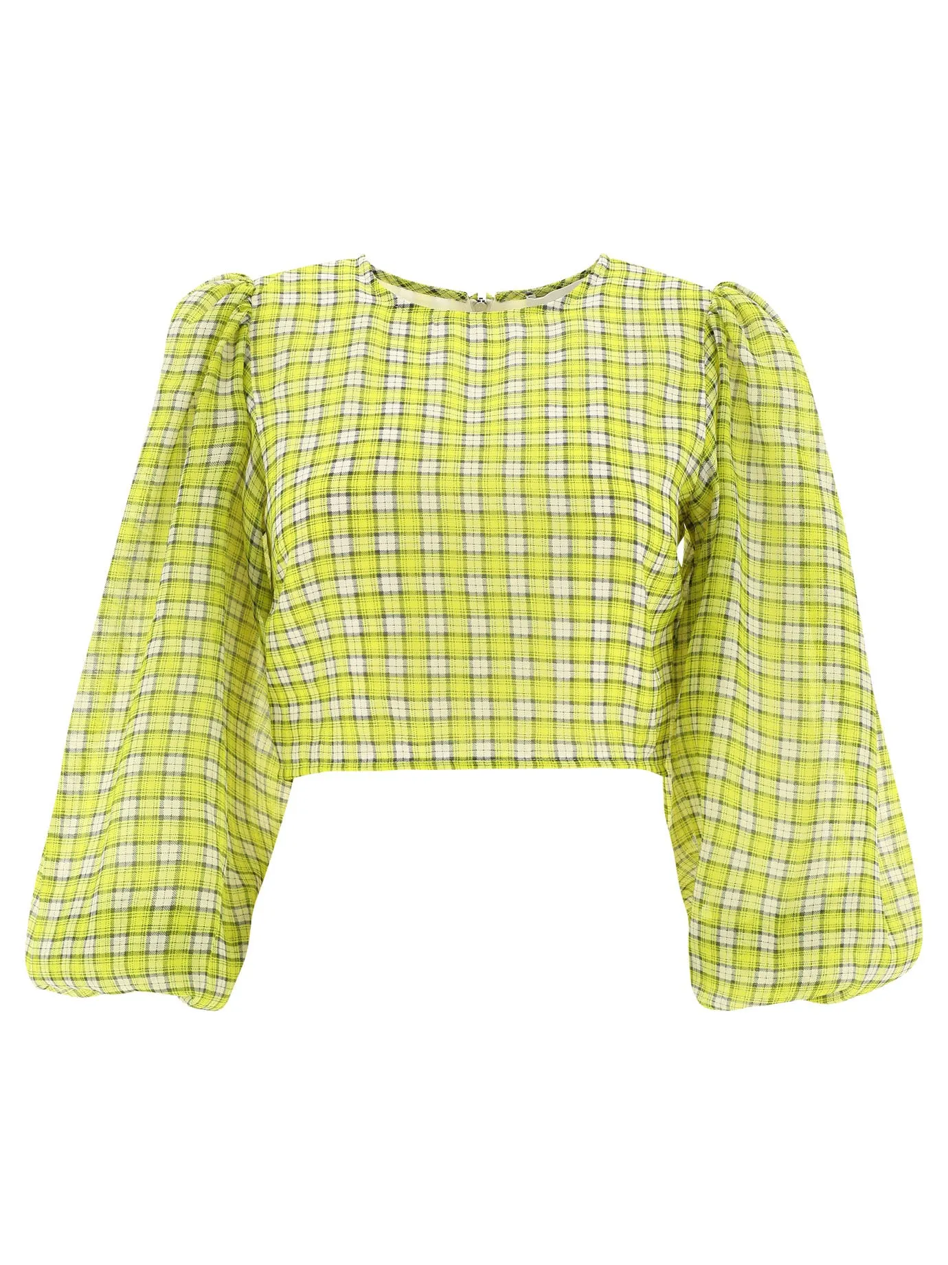 Ganni Puff Sleeved Checked Top