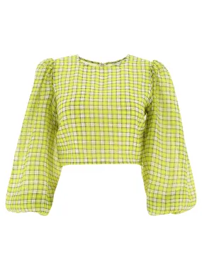 Ganni Puff Sleeved Checked Top