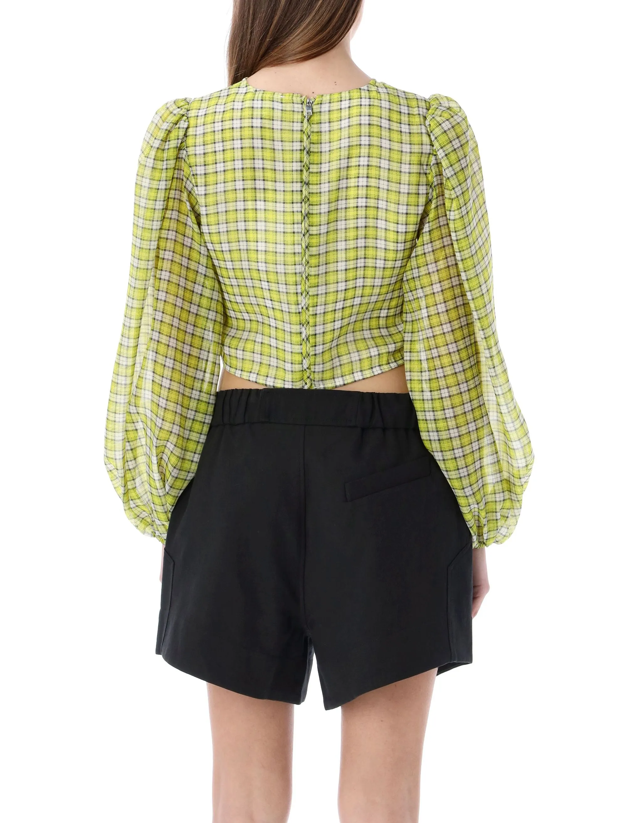 Ganni Puff Sleeved Checked Top