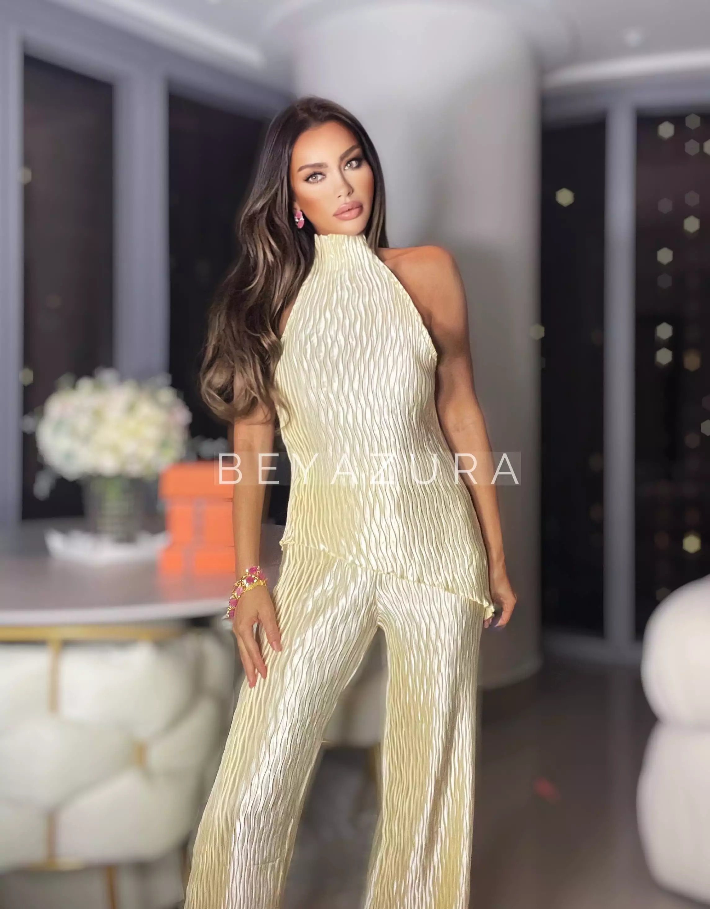 Golden Satin Halter Top And Trousers