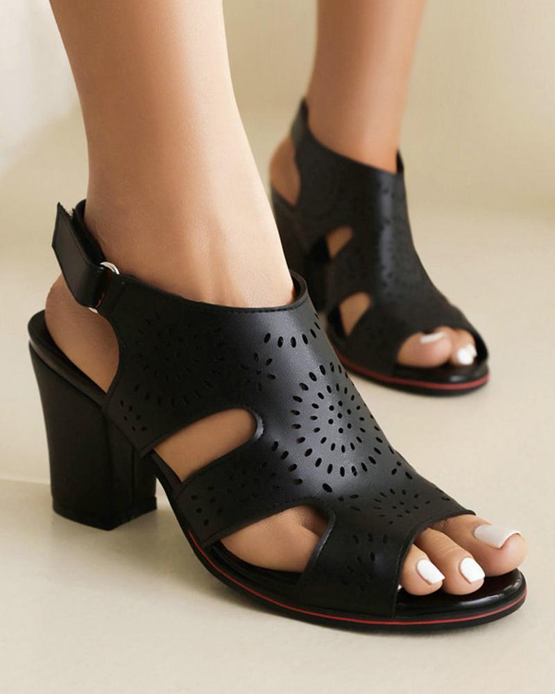 Hollow-out Block Heel Sandals