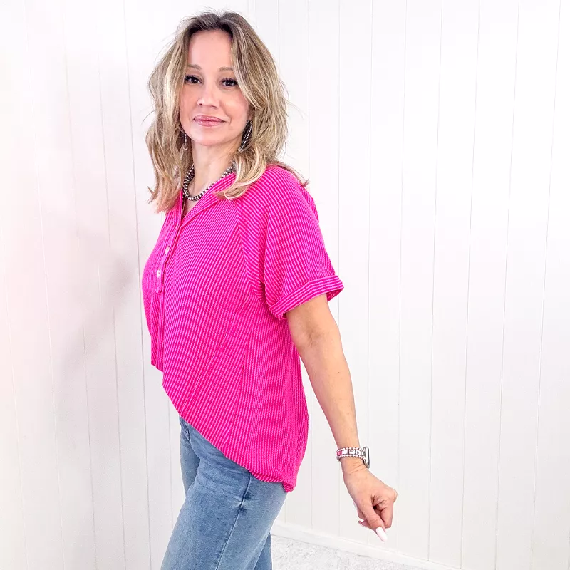 Hot Pink Andree Textured Line Ribbed Short Sleeve Top