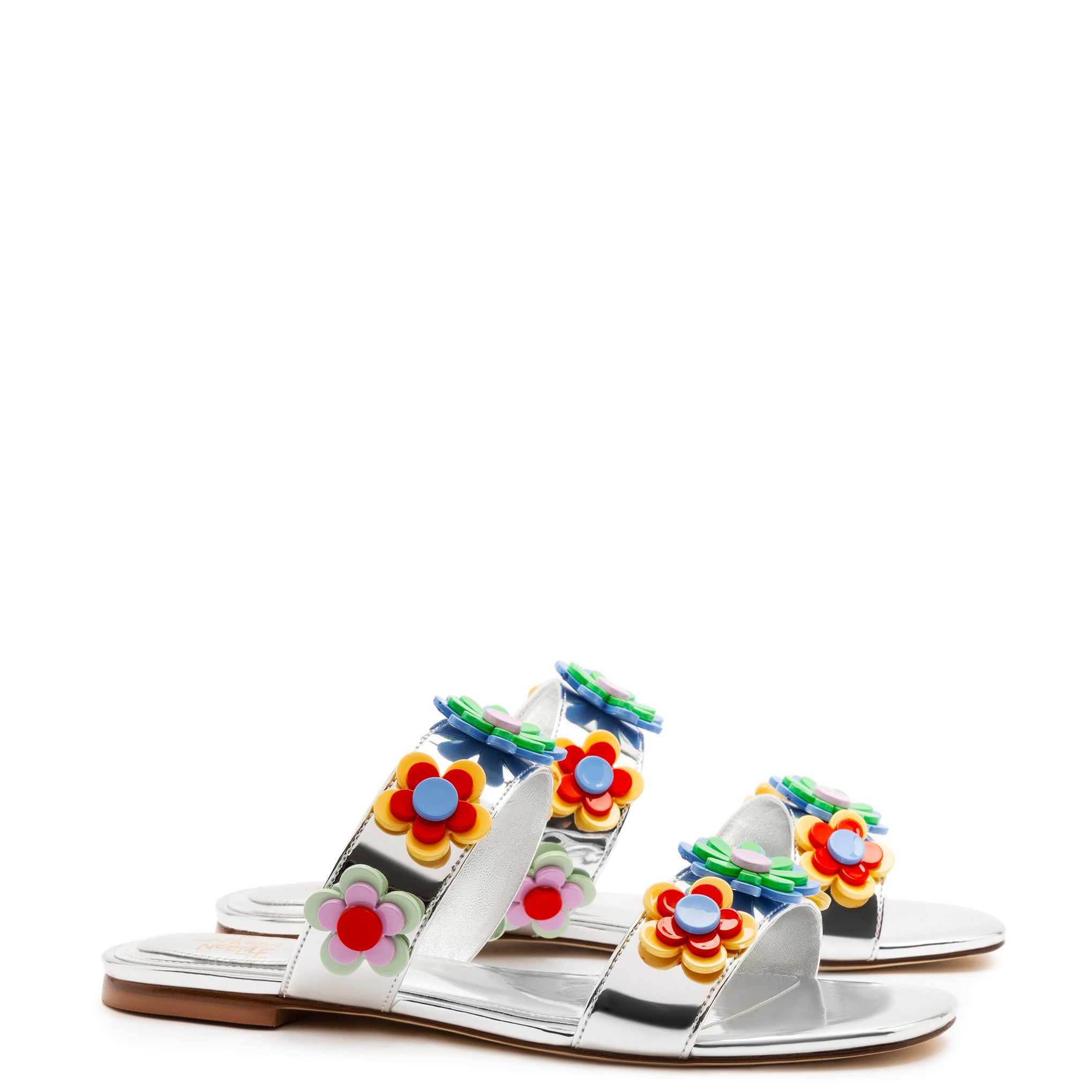 Larroudé x Gabriela Noelle: Blossom Flat Sandal In Silver Specchio and Multicolor Acrylic