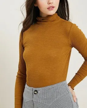 Long Sleeve Ribbed Mock Neck Knit Top in Mustard