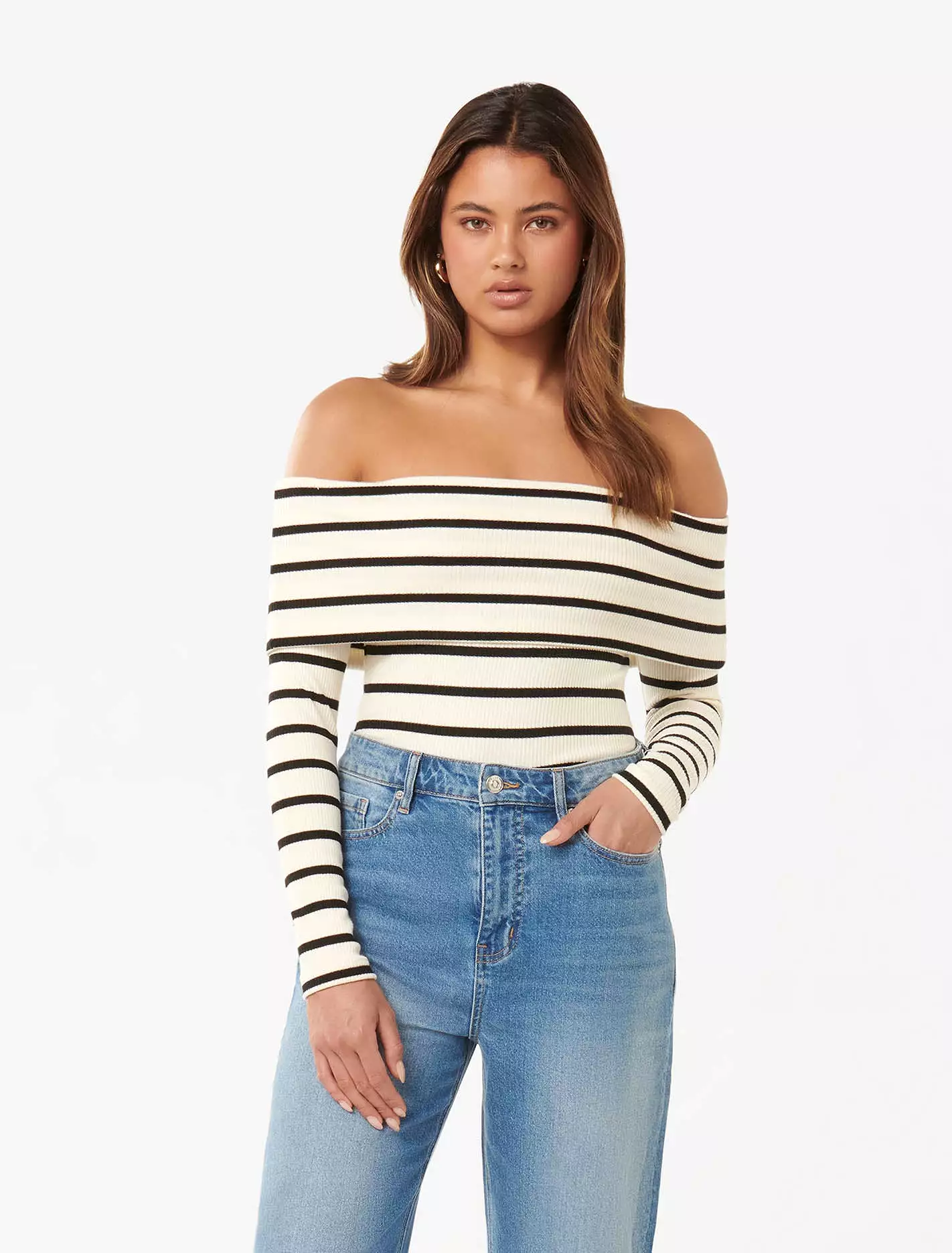 Louise Ribbed Long Sleeve Bardot Top