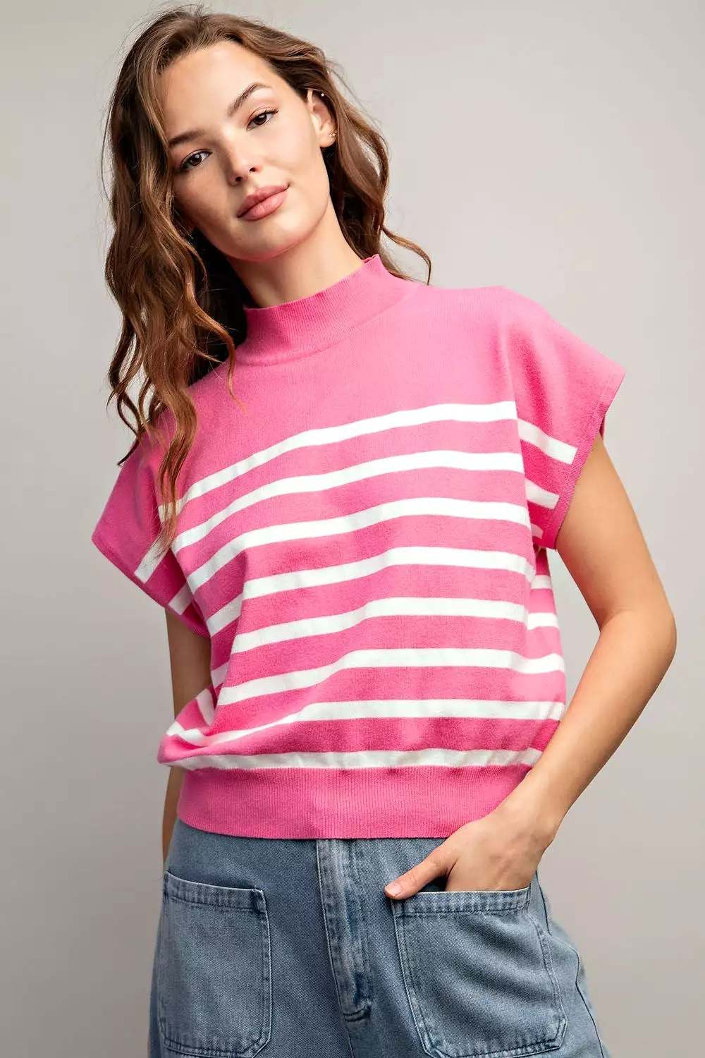 Mock Neck Short Sleeve Striped Top