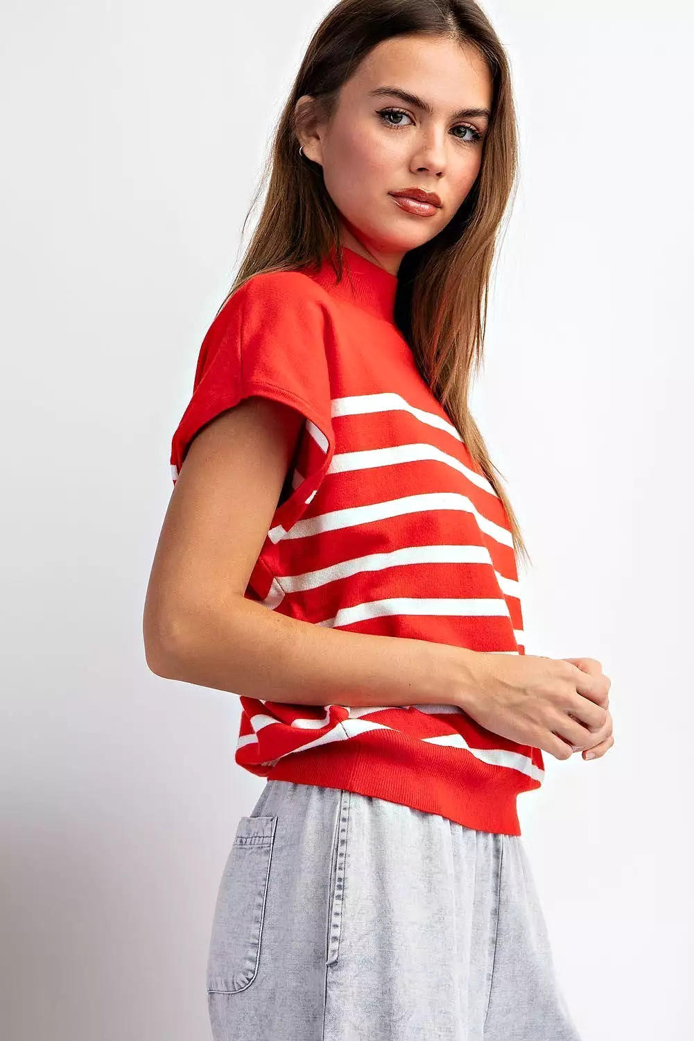 Mock Neck Short Sleeve Striped Top