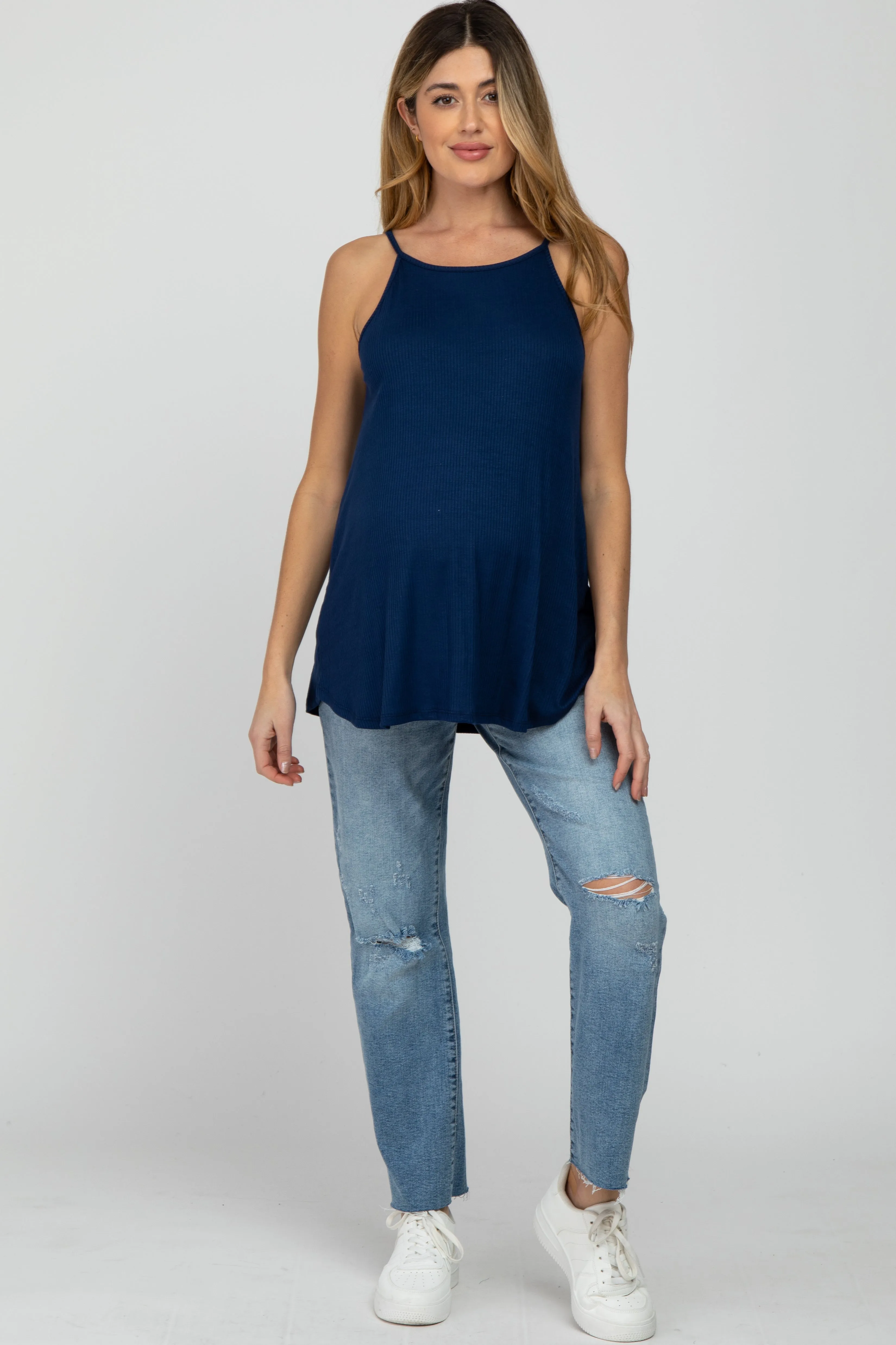 Navy Ribbed Sleeveless Maternity Top