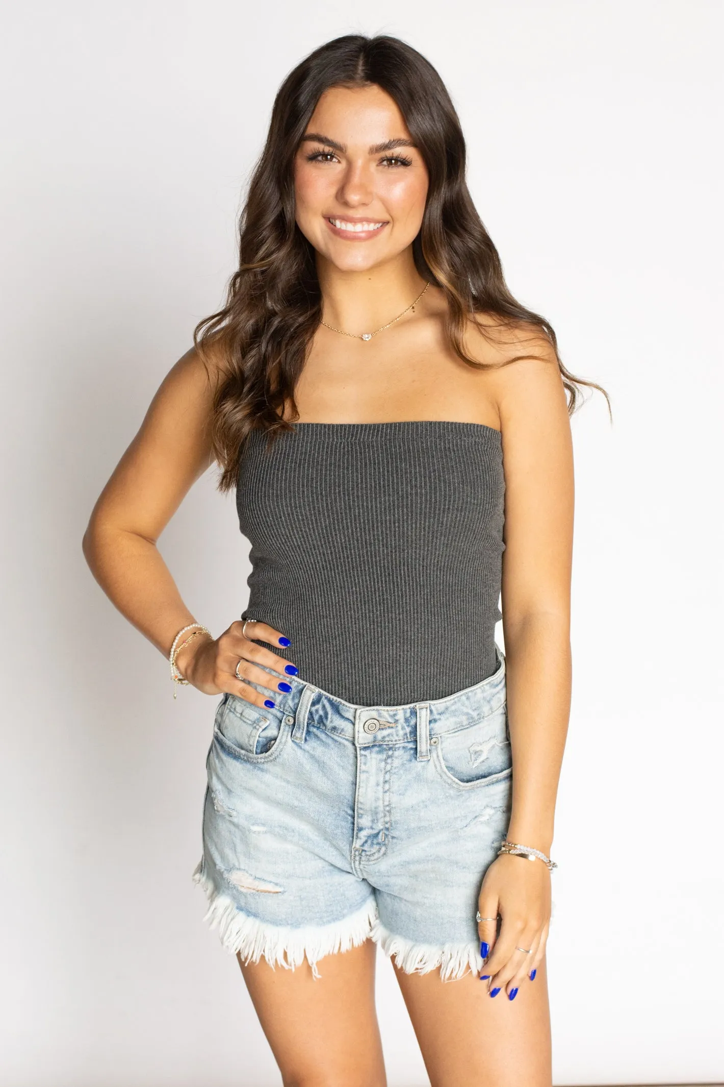 No Rules Ribbed Charcoal Tube Top