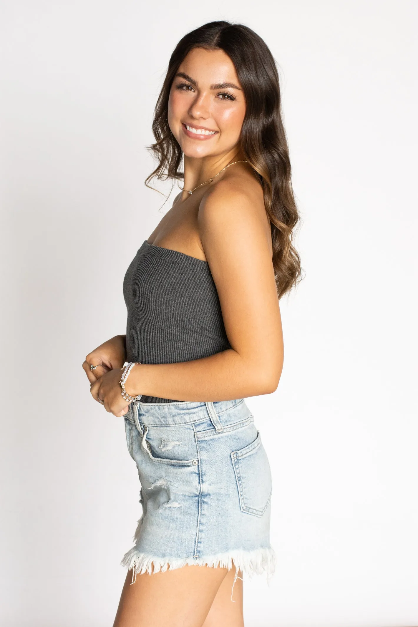 No Rules Ribbed Charcoal Tube Top