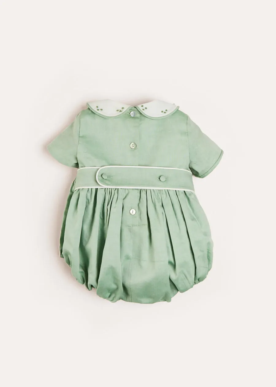 Peter Pan Collar Handsmocked Short Sleeve Romper in Green (6mths-2yrs)