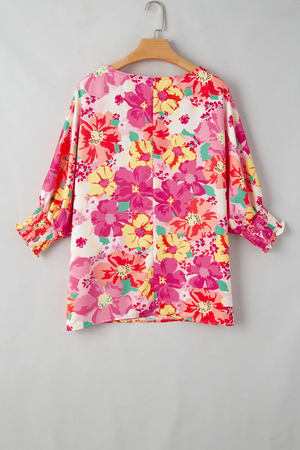 Pink Shirred Cuffs 3/4 Sleeve Floral Blouse